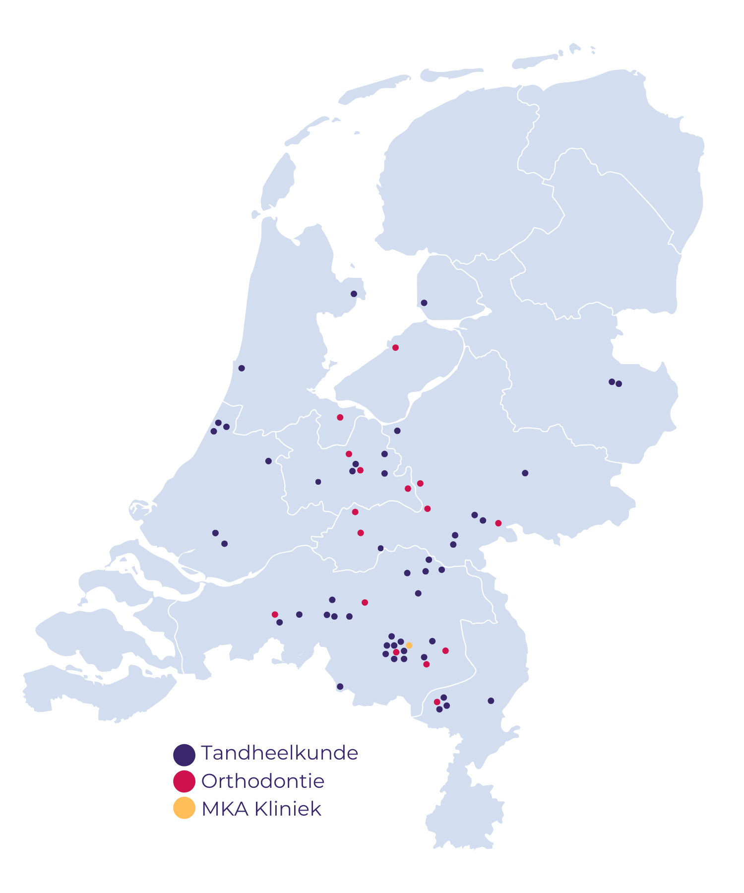 Landkaartje met locatie voor alle praktijken, volg link voor de eerste praktijk