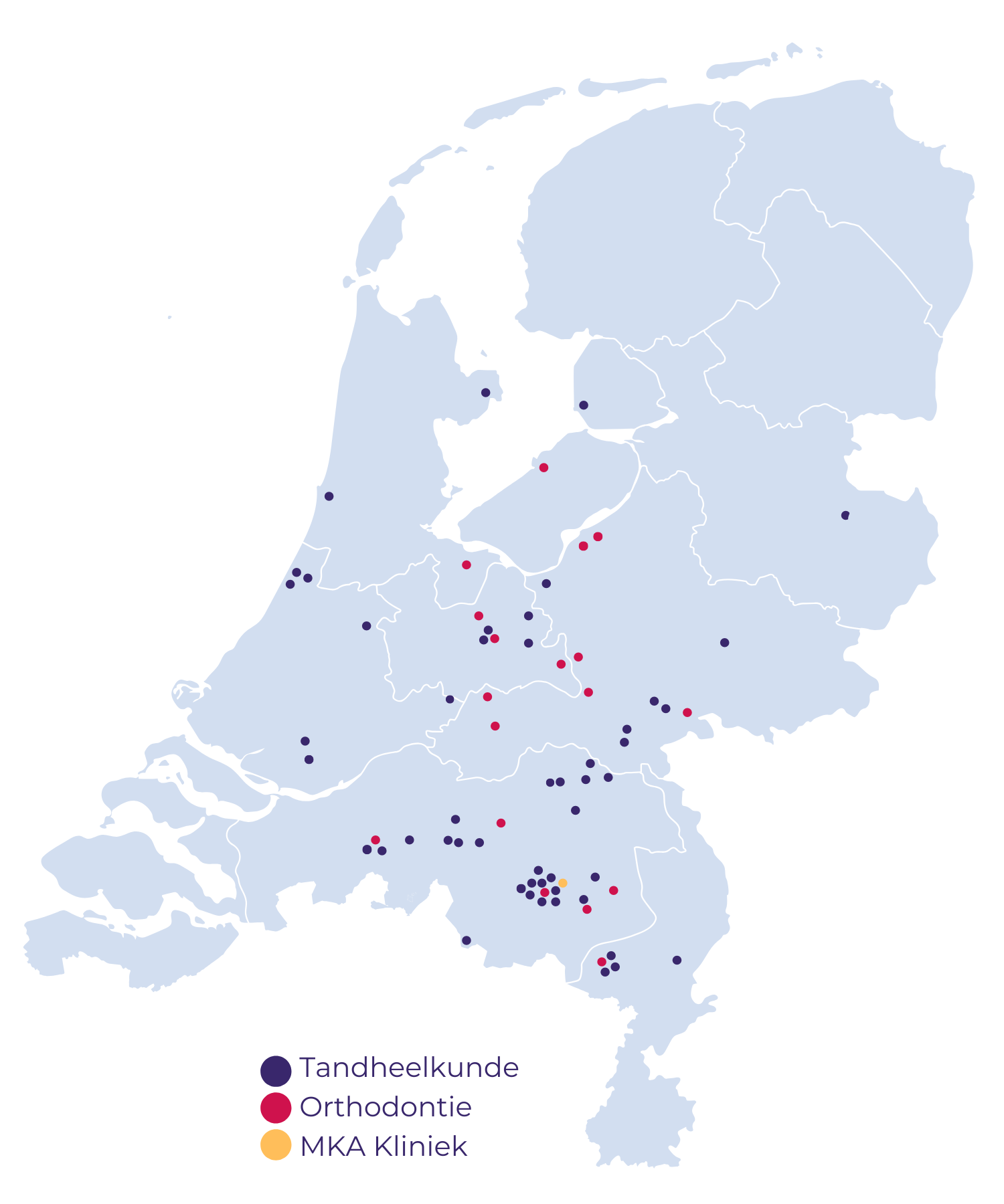 Landkaartje met locatie voor alle praktijken, volg link voor de eerste praktijk